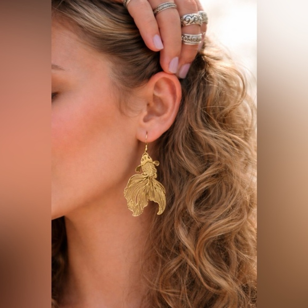 Free People feather light filigree Gold Fish Earrings sku-35-24